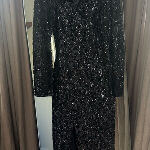 Black Sequin Long Sleeve Mock Neck Gown